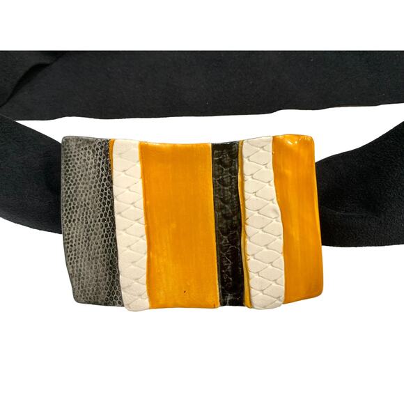 Vintage Wrap Belt w Large Ceramic Buckle Art to Wear | Black Orange Gray - Picture 1 of 11